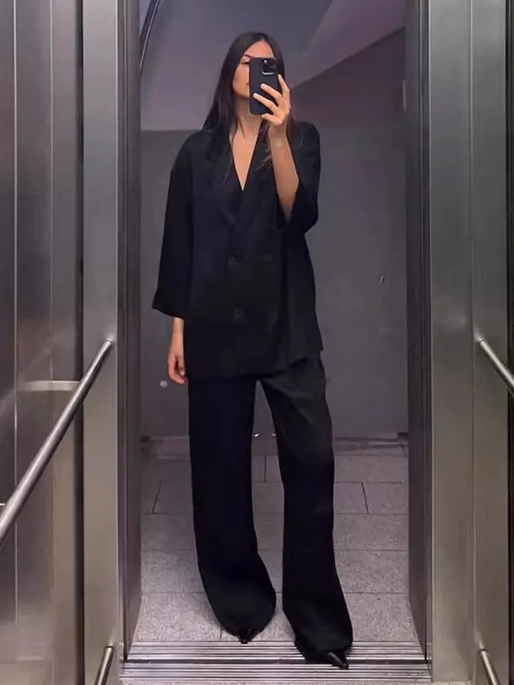 Autumn Women Casual Blazer Coat Pants Set Long Sleeve Double Breasted Blazer + Wide Leg Trousers Lady Office Outfit
