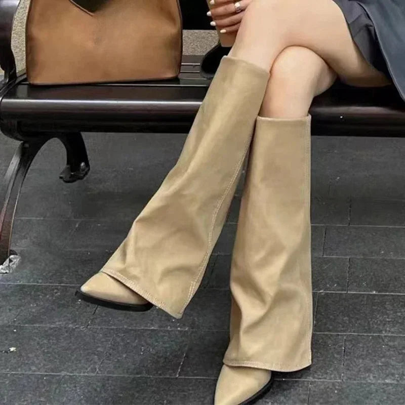 Manufacturer   Chunk Leather High Boots Women Knee High Pointer Toe Heels Shoes Woman Trend Chelsea Boots New Pumps Mujer Snow Gladiator Botas   boots