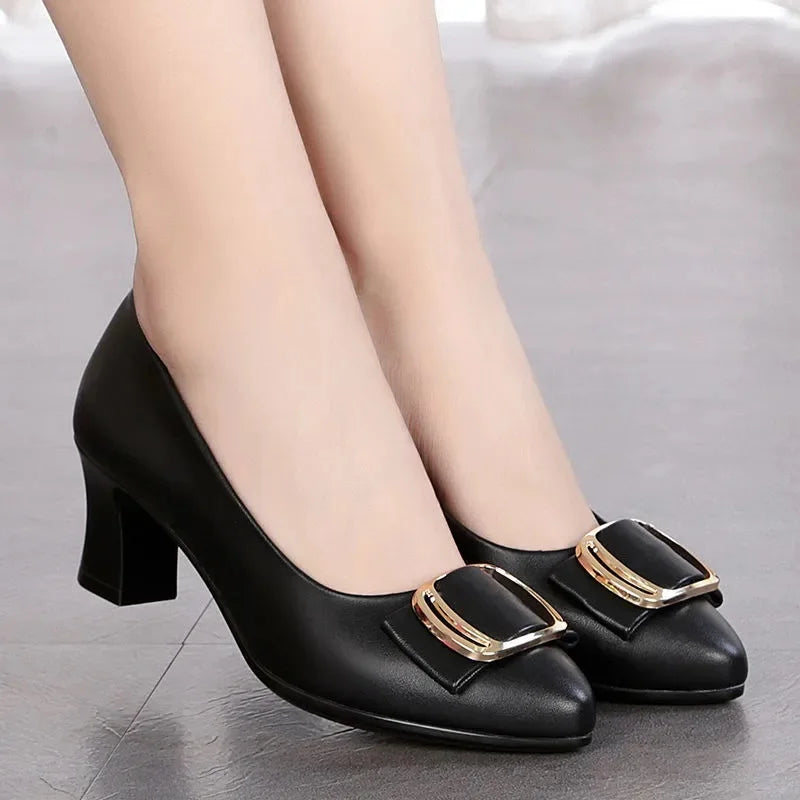 Manufacturer   Women Cute Sweet Round Toe Black Pu Leather Spring Slip on Square Heel Shoes Zapatos De Mujer Lady Plus Size Office Pumps B37   Pumps