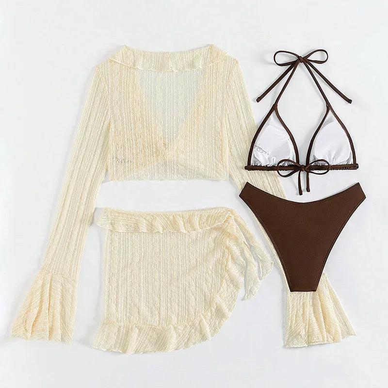 Women Swimsuits Long-sleeve Cover-up Swimwear Summer Solid Bikini Sexy Four-piece Set Brazilian Beachwear Party bathing suit