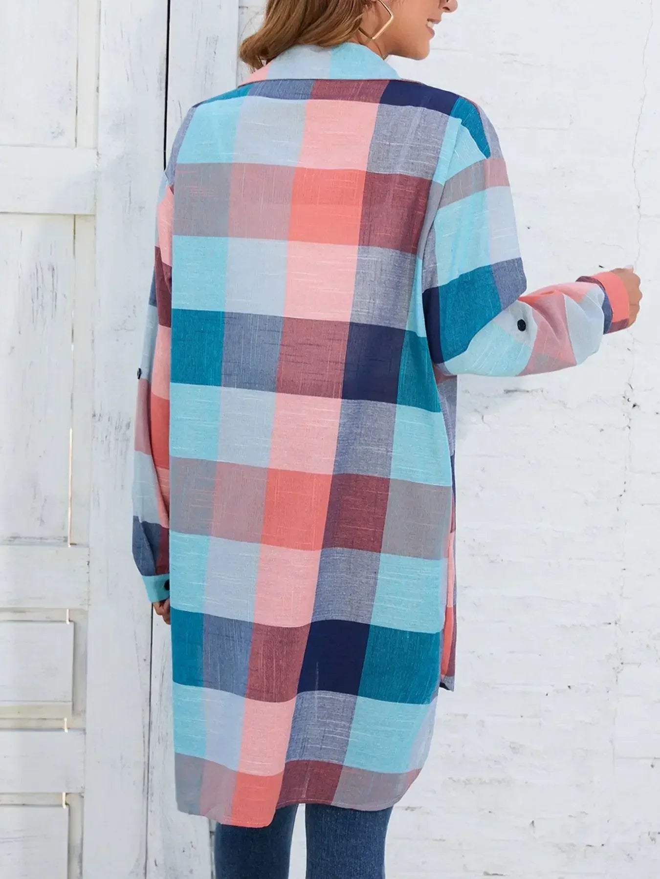 Plus Size 1XL-5XL Women Collar Longline Casual Blouse Lapel Shirt Top Plaid Print Button Up Roll Up Long Sleeve Shirt  T-shirts