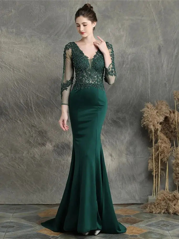 Cusomized V-Neck Floral Lace Handmade Applique Beaded Fishtail Dress Long Sleeve  Dress Wedding Party Evening Dress For Women