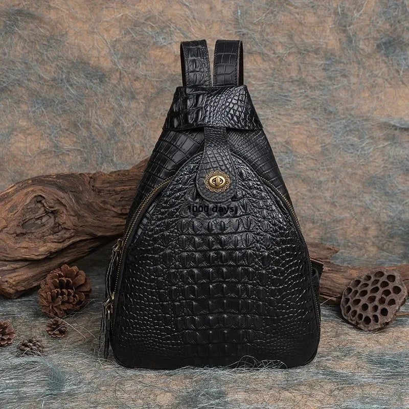Vintage Pressed Flower Crocodile Pattern Handmade Leather Backpack Multi-Purpose Chinese Style Double Shoulder Bag For Live Broa