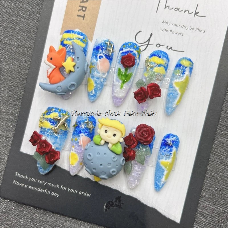 10pcs Handmade Fake Nails The Little Prince Nails Blue Fairy Tale Red Rose Press on Nails Cartoon Cute Fox Nails for Girls Wear