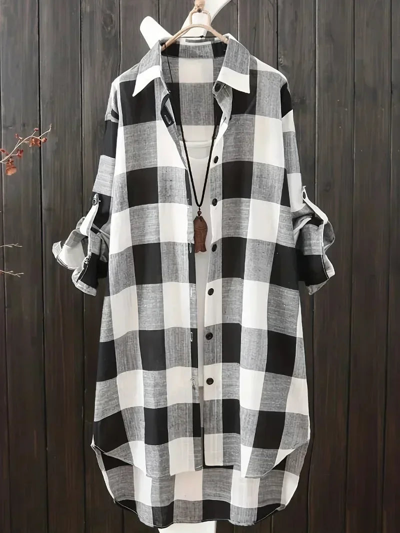 Plus Size 1XL-5XL Women Collar Longline Casual Blouse Lapel Shirt Top Plaid Print Button Up Roll Up Long Sleeve Shirt  T-shirts