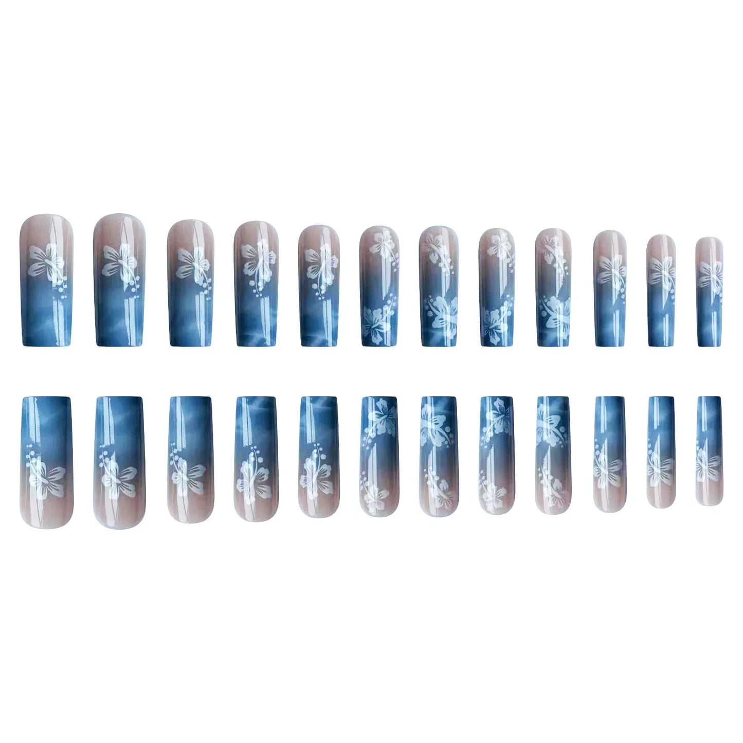 24pcs Y2k Summer Sea Blue Gradient Fake Nails With Water Ripples Designs Long Square Coffin False Nails Set Press On Nail Tips