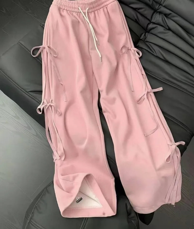 Y2K trend bow-tie casual women pants high street fashion loose solid color wide-leg pants fashion punk personality sport pant