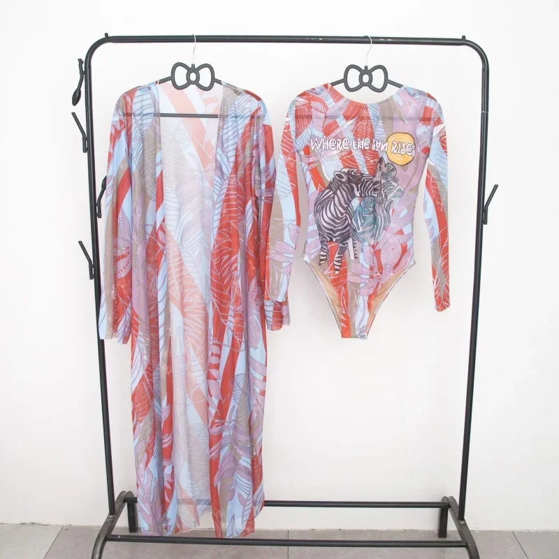 Fashion Printing Swimming Suit for Women Sexy Long Sleeve One Piece Swimsuits Mesh Bikini Cover Up  New Vintage Two Piece Set