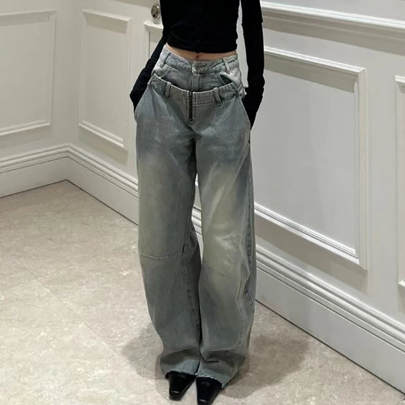 Women's Jeans, Double Waistband Washed Scimitar Work Pants, High Quality Cotton Wide Leg Pant  New, y2k