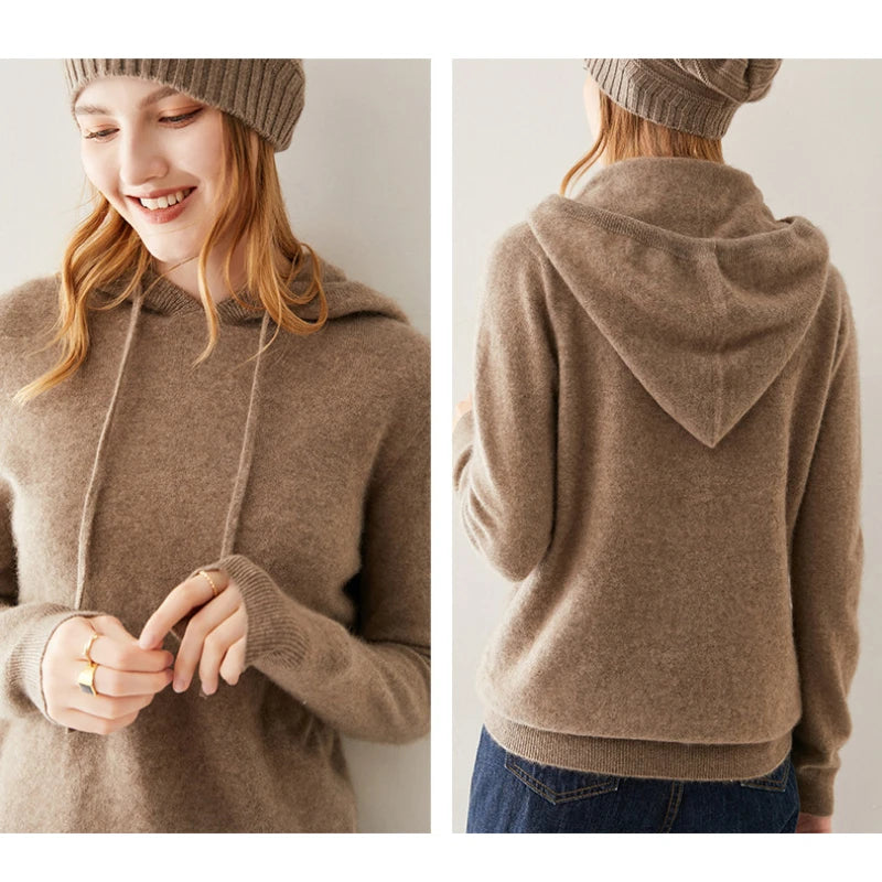 Seamless Real Cashmere Pullovers Sweater Autumn Winter Women 100% Cashmere Knitted Hooded Knitwear Casual Long Sleeve Jumper