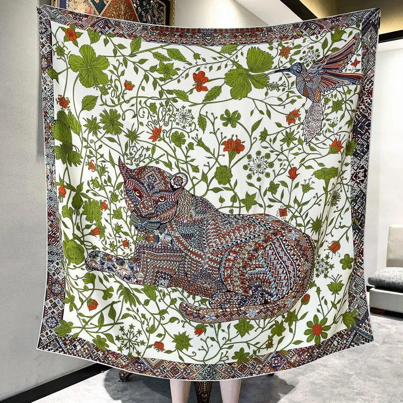 Leopard Print AB Side Silk Wool Scarf Giant Hand Rolled Edges Shawls Wool Herms Rolled Hair Bandana Foulard Big Stole Cape 135cm