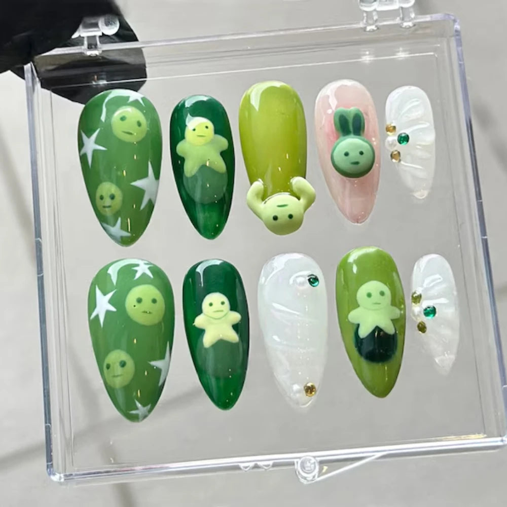 10Pcs Press On Nails  New Nials Ballet Style Handmade Green & White 3D Medium Almond Fake Nails Design Art DIY Nails