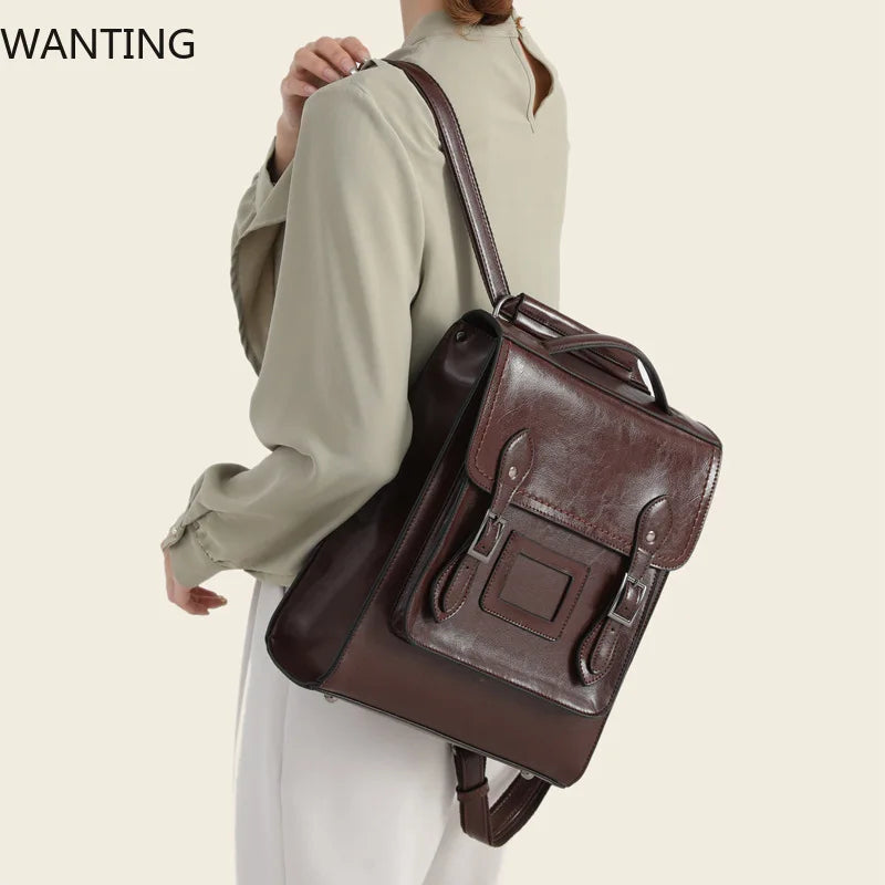Genuine Leather Women's Backpack Vintage Cowhide Preppy Style Girls School Bag Large Capacity Women Shoulder Bag