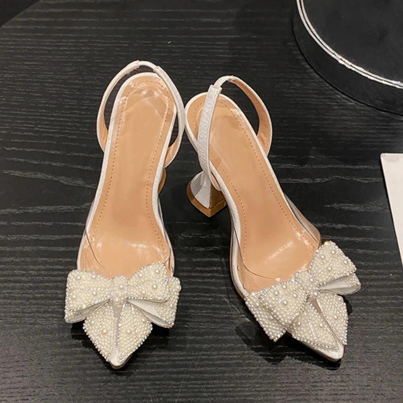 Manufacturer   Liyke Fashion Design White Pearl Bowknot Women Pumps Sexy Pointed Toe High Heels Wedding Prom Shoe PVC Transparent Sandal Female   Pumps