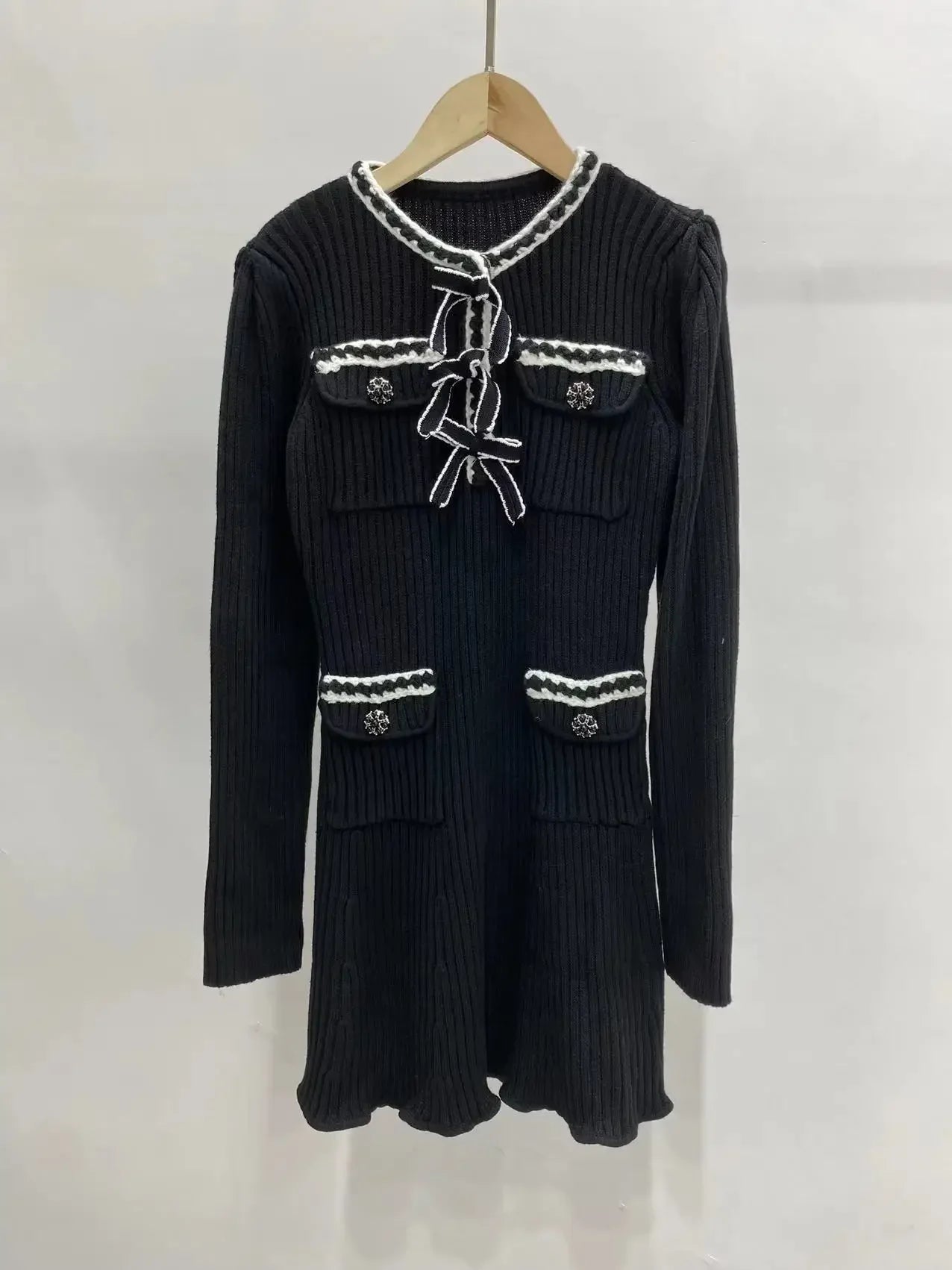 Elegant Lady Long Sleeve Knit Dress Vintage Four Pocket High Waist Slim Dresses Spring  Casual O-neck Bow Vestidos for Women