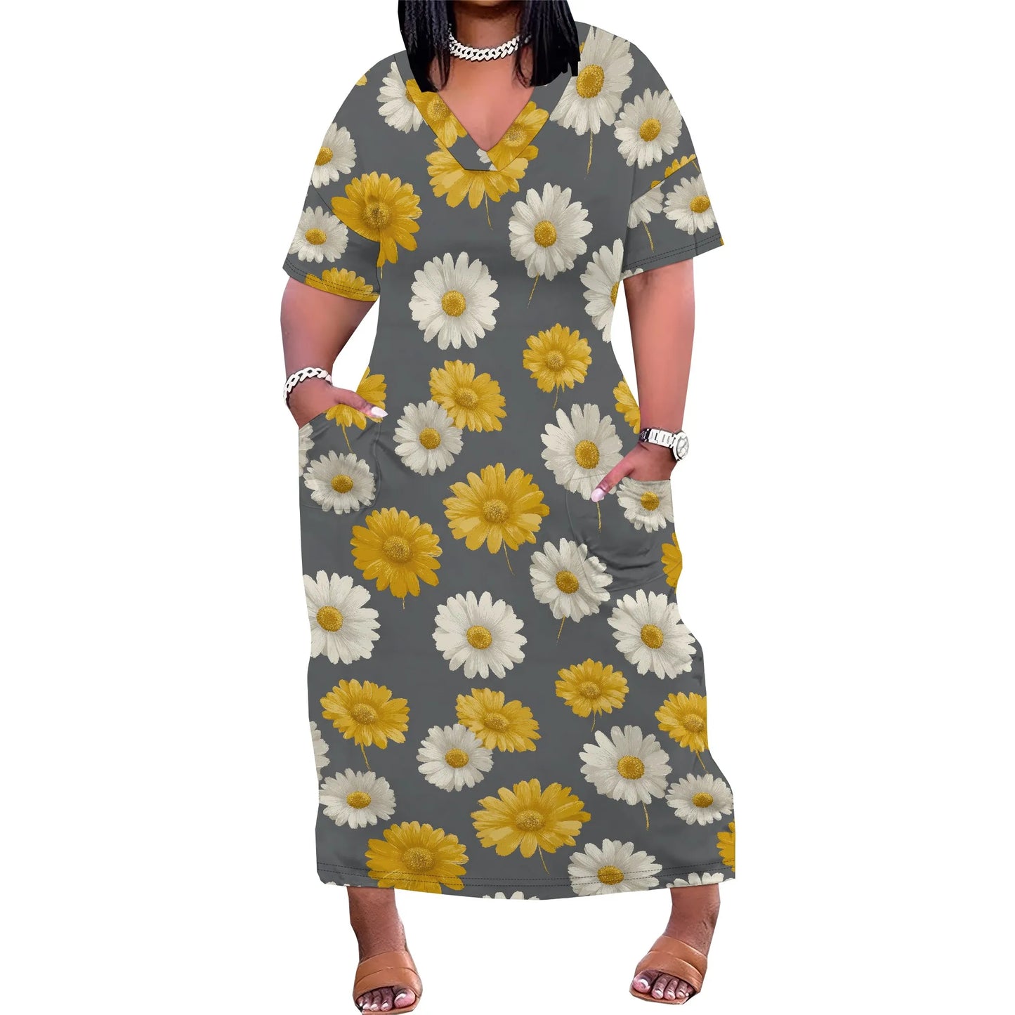 Women's Plus Size African Print Dresses Casual Loose Pocket Short Sleeve Long Maxi Dress