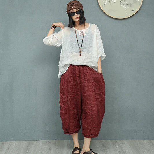 Chinese Style Summer Pant Set For Women Vintage Design Matching Suit Large Size Blouse+Calf Length Trousers Kit