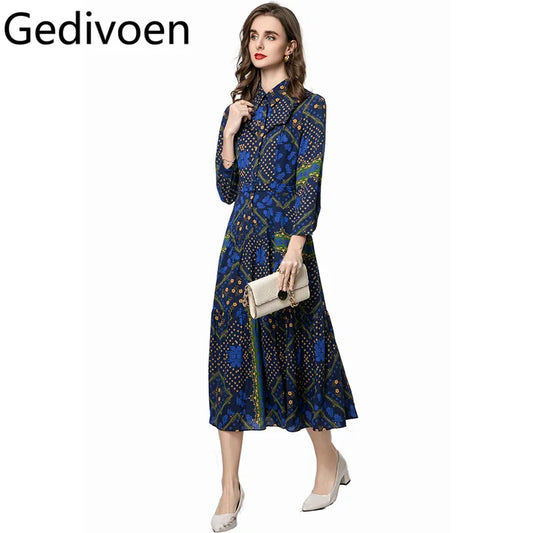 Gedivoen Fashion design Women's Summer Dress Turn-Down Collar Single-Breasted Chic Print Dresses With Long Sleeves