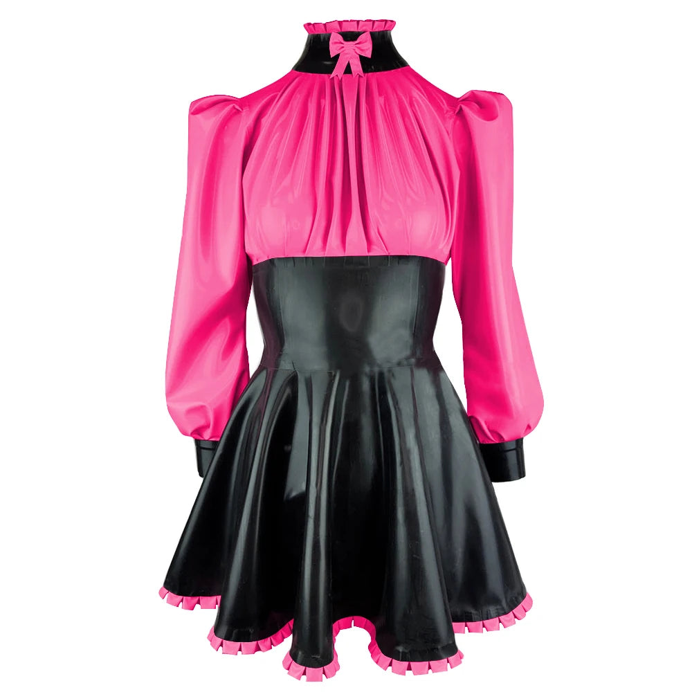 Plus Size High Neck Bow Patchwork Black Faux Latex Mini Dress Women Long Sleeves Slim Fit Ruffled A-line Dress Cocktail Gown