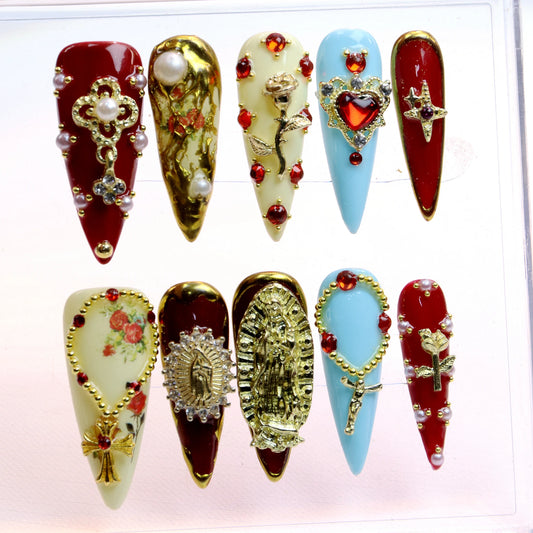 10Pcs Elegant Virgin Mary Cross Press On Nails Custom Handpainted Almond Nail,luxury Design Nail Art for Birthday Holiday Gift