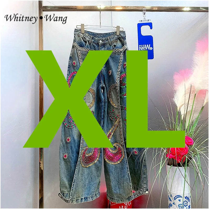 WHITNEY WANG Designer Style  Autumn Winter Fashion Streetwear Sequins Diamonds Wide Leg  Jeans Women Denim Pant Size S-5XL