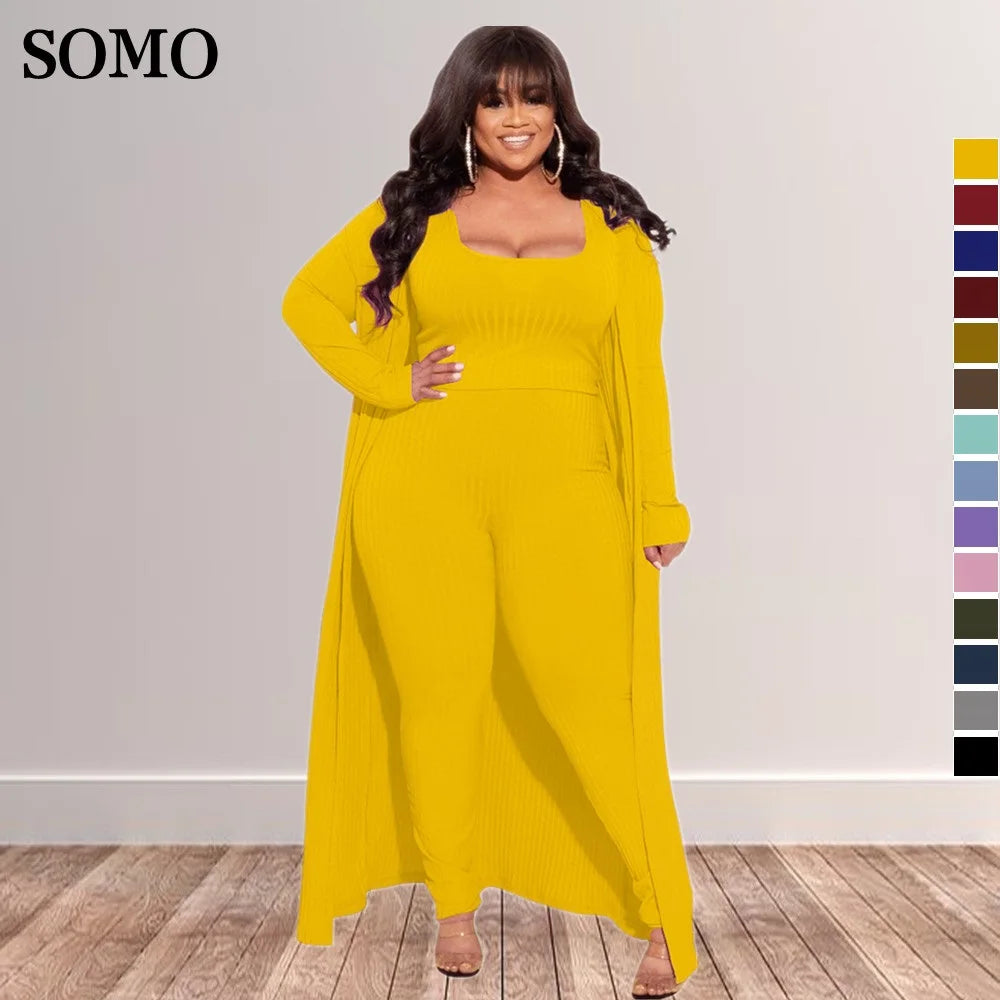 3 Piece Women Outfits Sets Sexy Square Collar Tops+long Coat Tight Pants Solid Color Fashion Plus Size Clothing Wholesale  suits