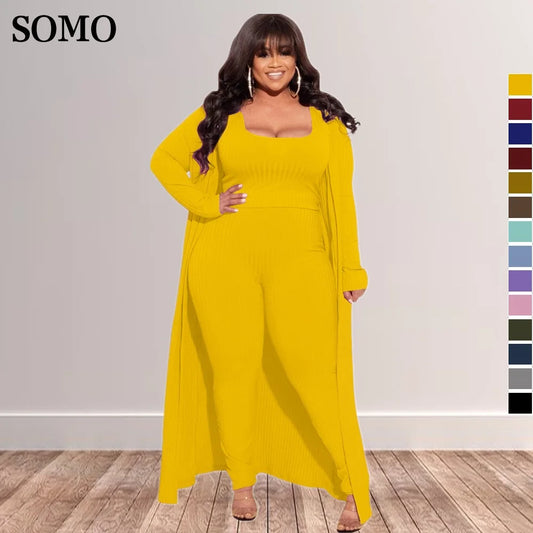 3 Piece Women Outfits Sets Sexy Square Collar Tops+long Coat Tight Pants Solid Color Fashion Plus Size Clothing Wholesale  suits