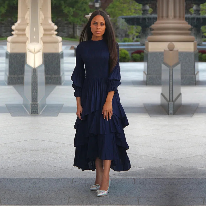 Miyake Folds  Summer New Lantern Sleeve Dress Solid Color Lotus Edge Long Skirt