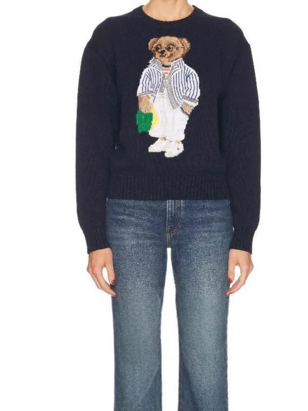 heavyweight new women's classic American cartoon teddy bear embroidered jacquard loose and versatile knitted sweater pullover