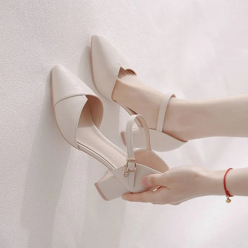 Manufacturer   Ladies Elegant Beige Pointed Toe Thin Strap Cross Buckle Mid Heel Sandals Daily Office Shoes   Pumps