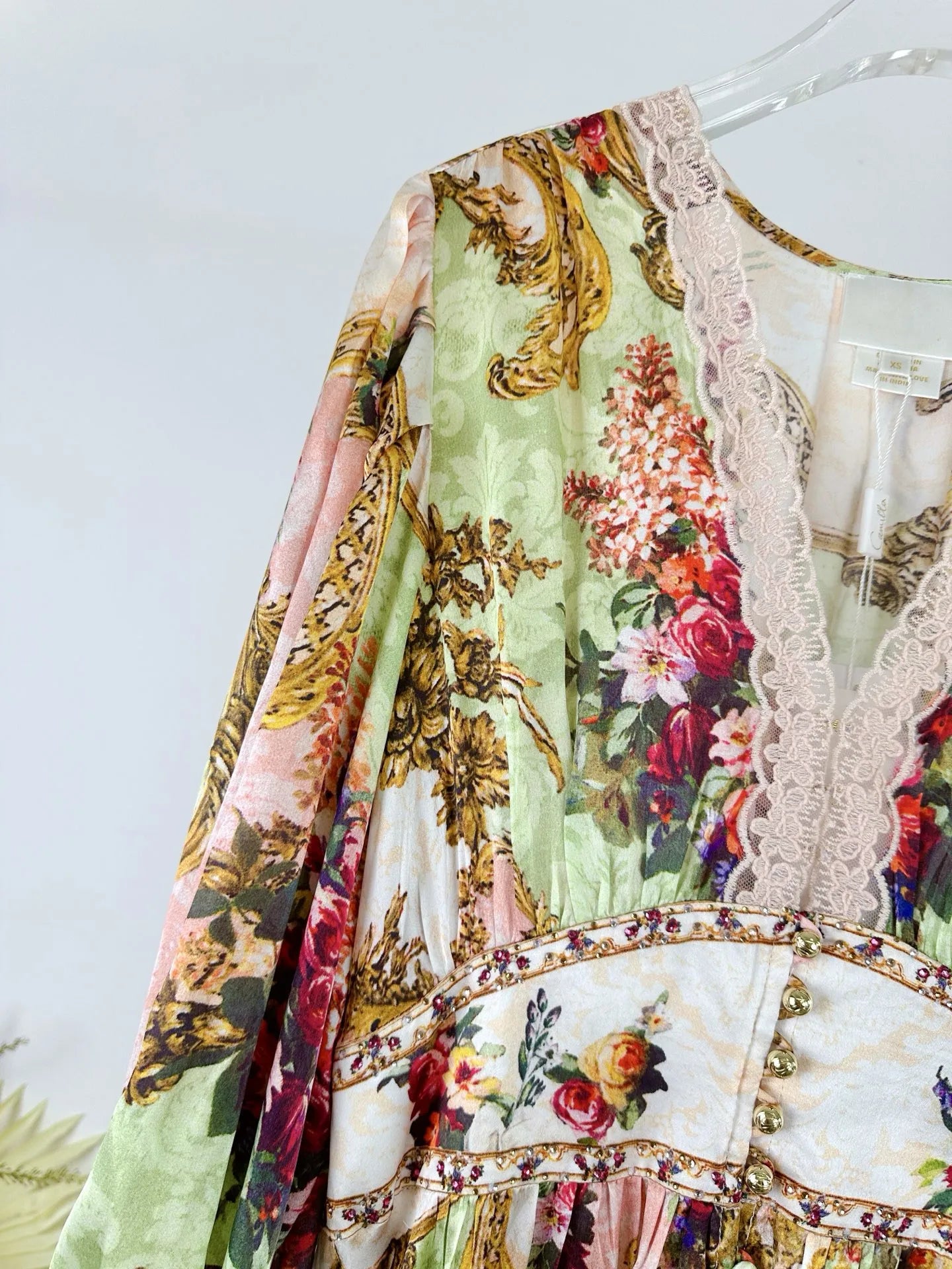 Women 100% Silk Lace Patchwork Crystal Beaded Waist Digital Retro Print V-Neck Long Sleeve Maxi Dress