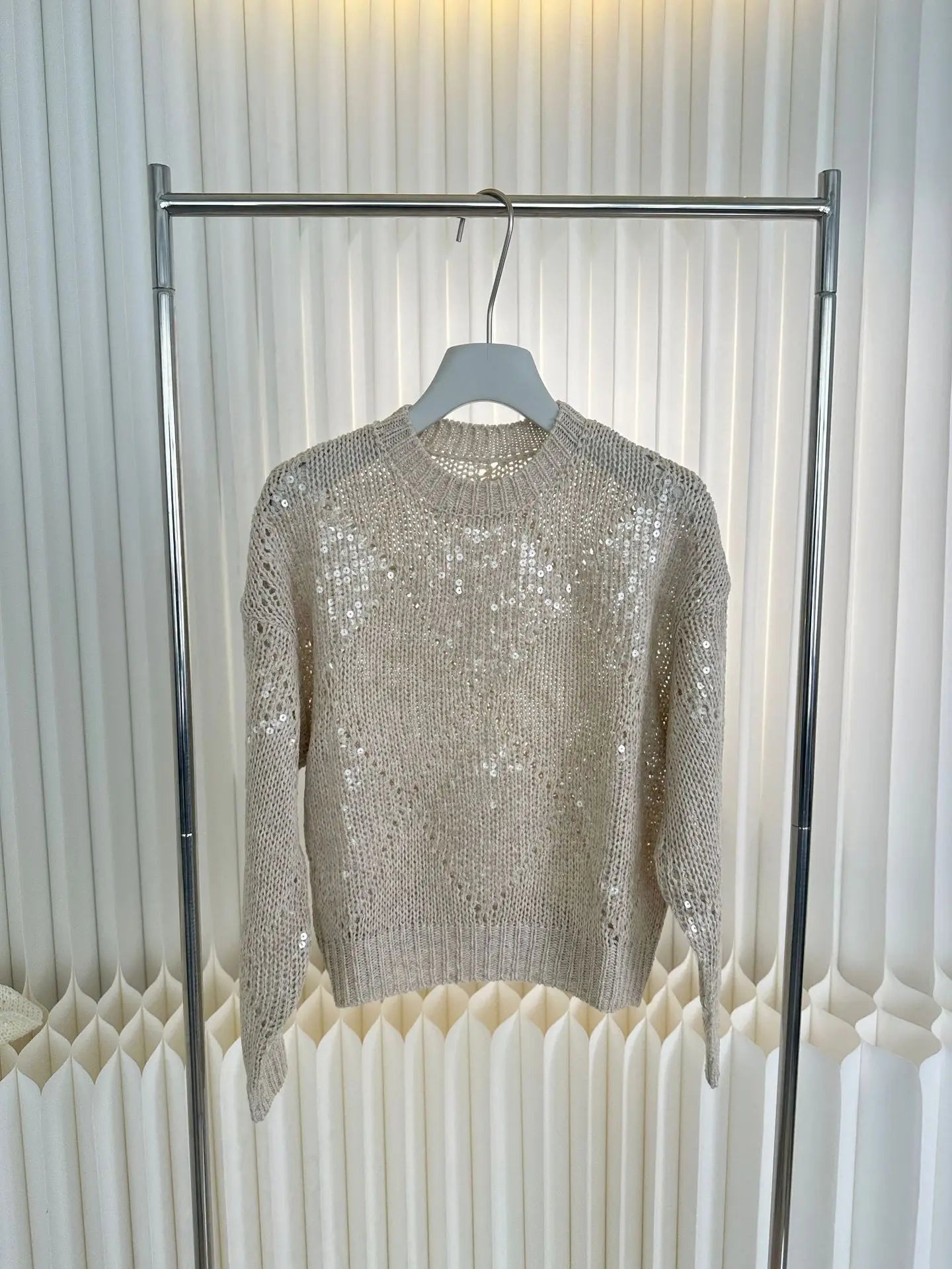 Spring And Summer Ladies New Heavy Embroidery Sequin Top Lazy Style Loose Hollow Pullover Knitted Sweater