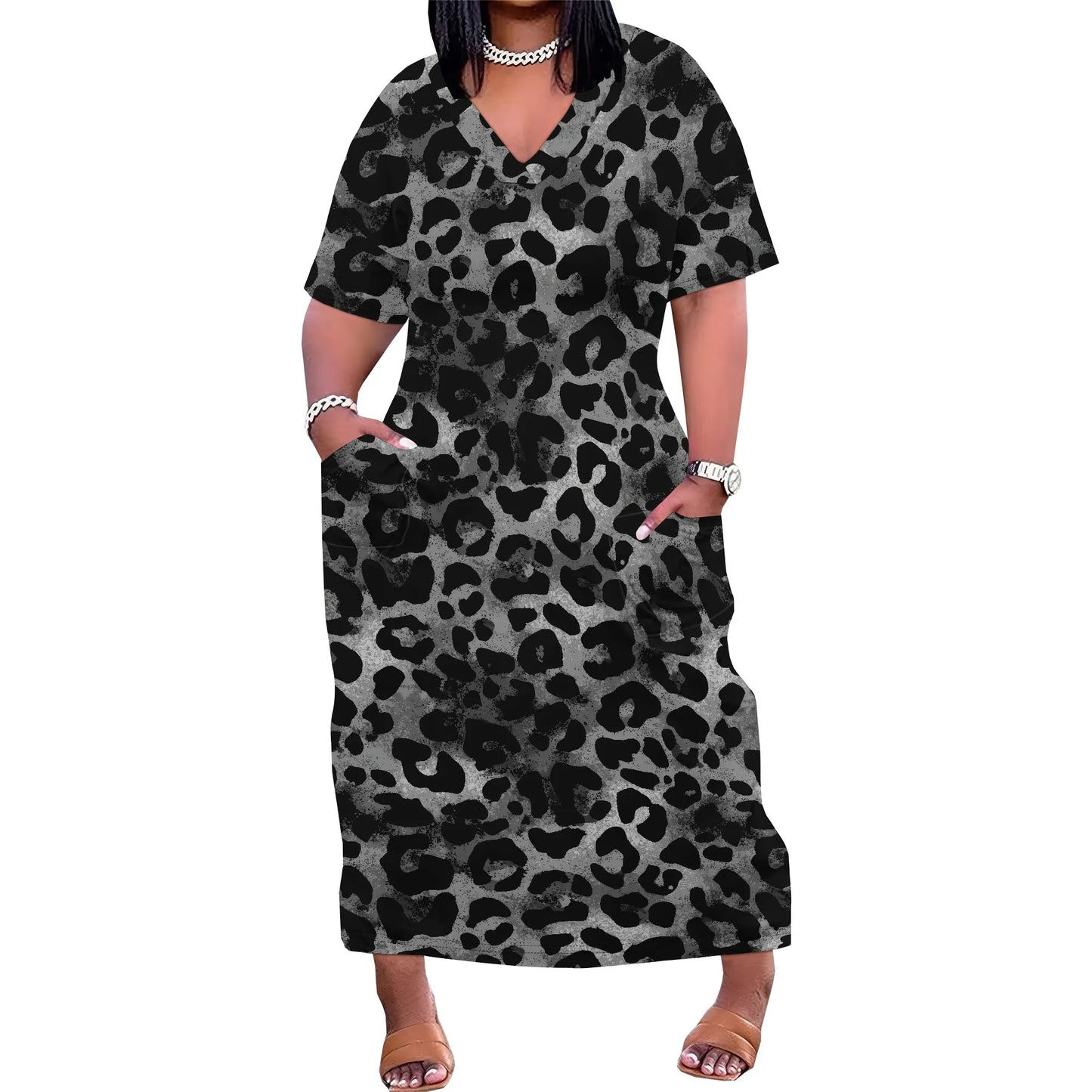 Women's Plus Size African Print Dresses Casual Loose Pocket Short Sleeve Long Maxi Dress