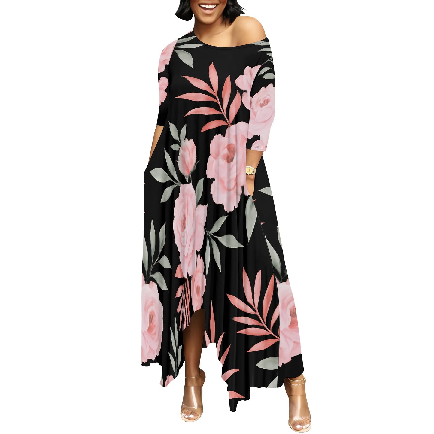Women One Shoulder Sleeve Printed Dress High Waist Split Party Cocktail Long Dress