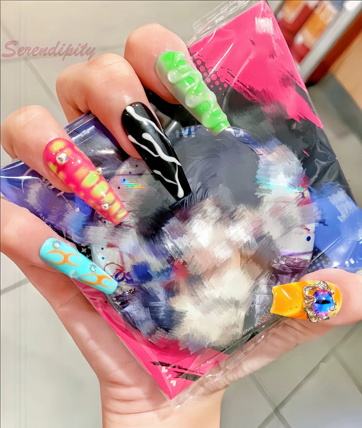 10Pcs  Color Hand Drawn Gothic Style Handmade Press On Nails False Nail Full Cover Metallic 3D Design Manicure Wearable Nail