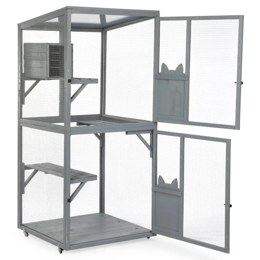 Outdoor Cat Catio on Wheels Cat Cage with Platforms and Condo Sunlight Roof Patio Cat Enclosure Gray