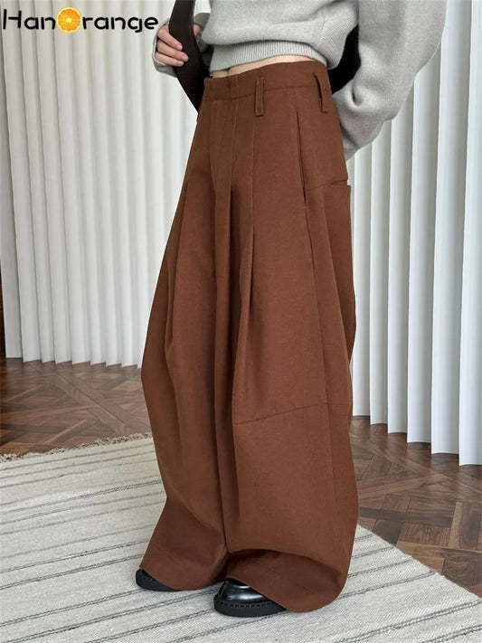 HanOrange  Winter Wide Leg Pant Women Straightening Thick Trousers White/Black/Dark Brown