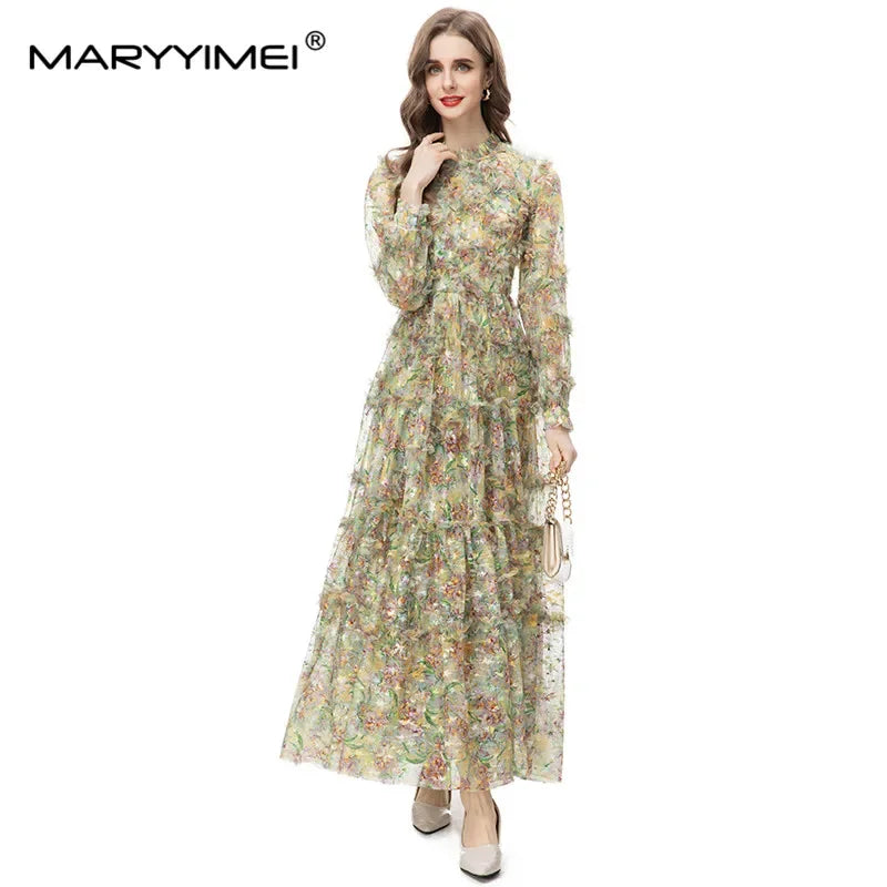MARYYIMEI New Fashion Runway Dress Women's Round Collar Sheer Long Sleeves Mesh Flower Print Fungus Edge Patchwork Tiered Dress