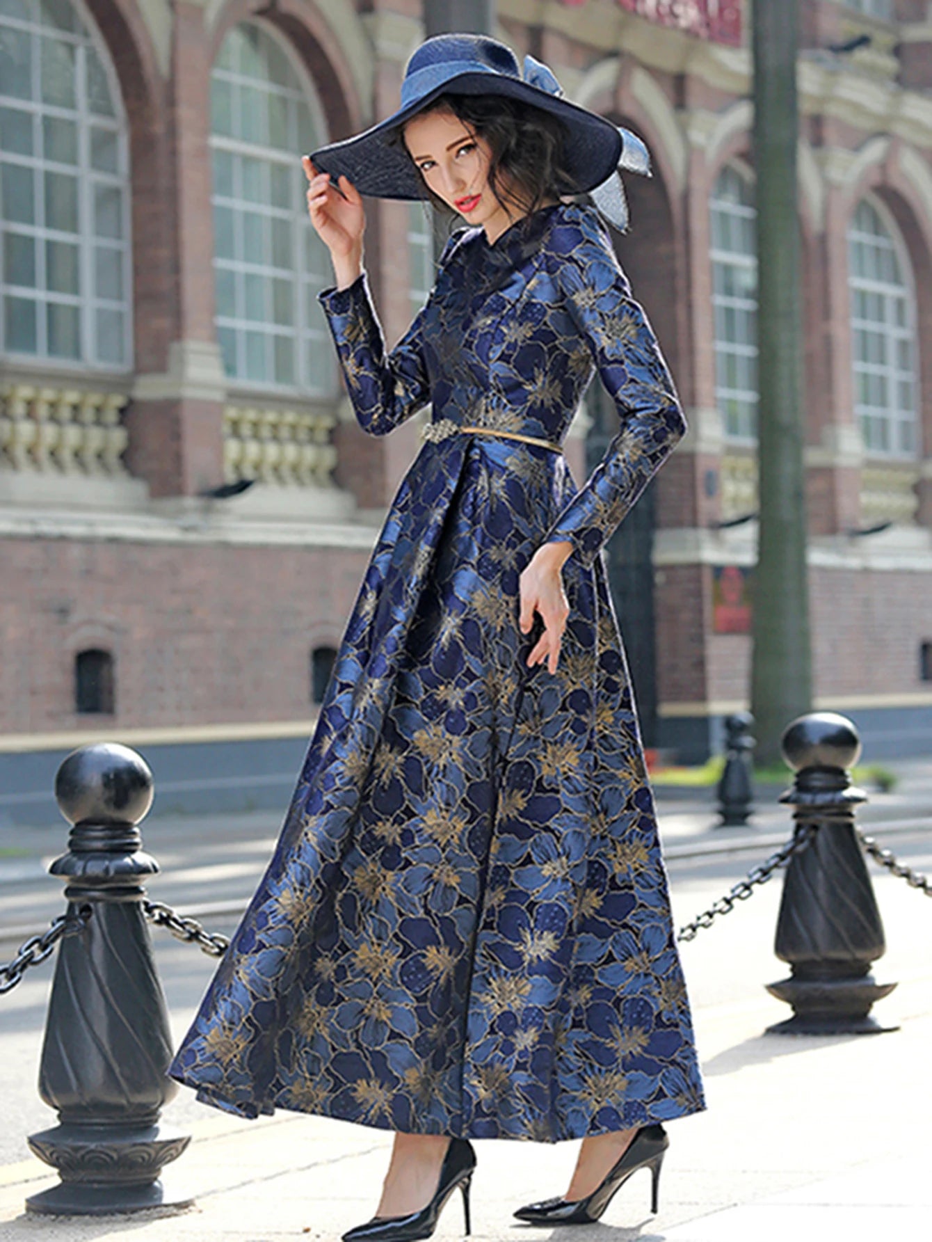 Elegant Women Long Maxi Evening Dress Floral Jacquard Fall V Neck Lady Autumn Winter Party Fashion Formal Vestidos