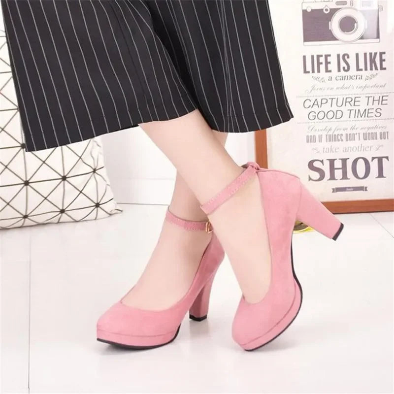 Manufacturer   Spring Women Pumps Flock Sweet Thick High Heels Ankle Strap Female Platform Classic Round Toe Dress Cute Shoes Ladies Footwear   Pumps