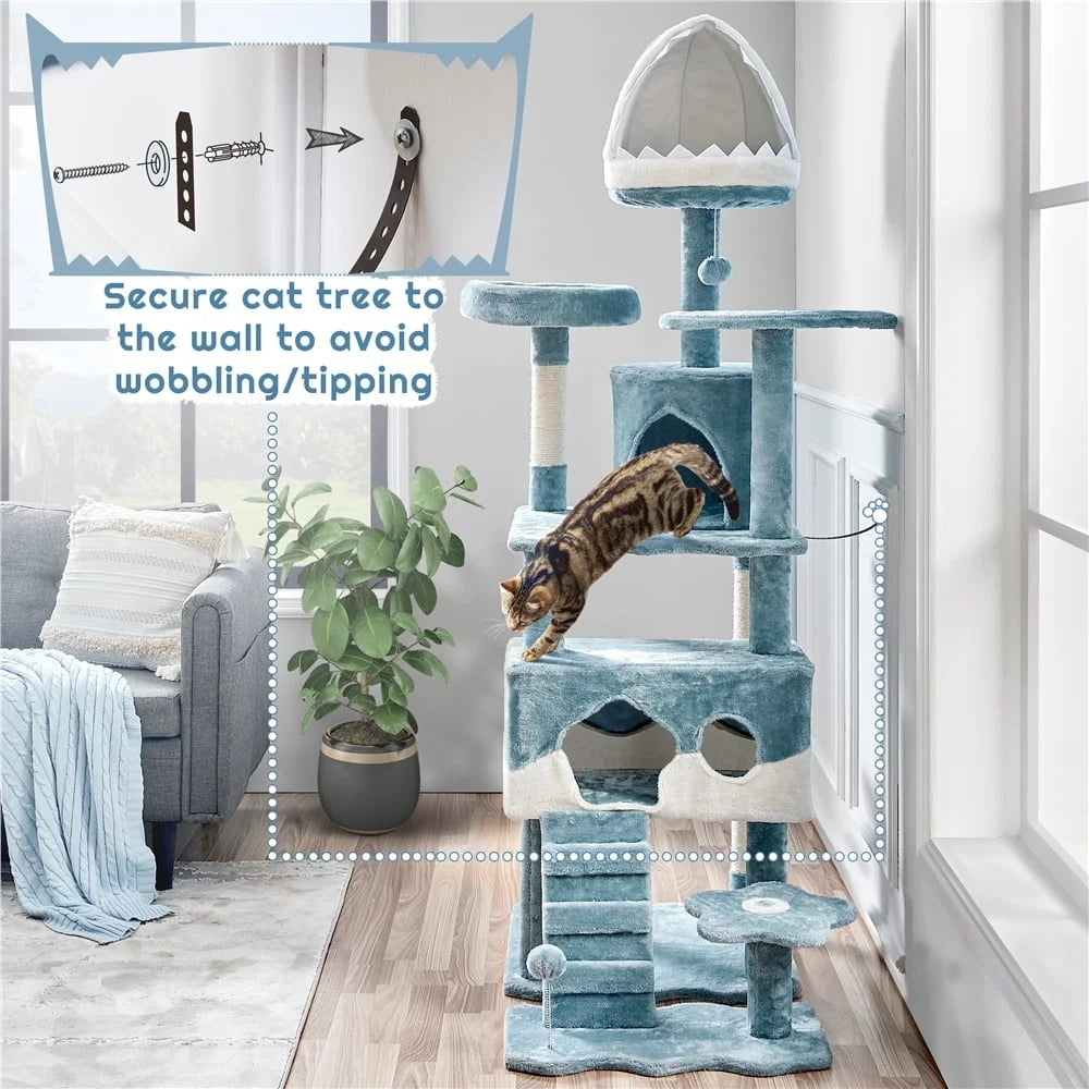 Ocean-Themed Cat Tree Large Multi-Level Condo Shark Bed Fish Perch Sturdy Scratch Post Cats  cat toy