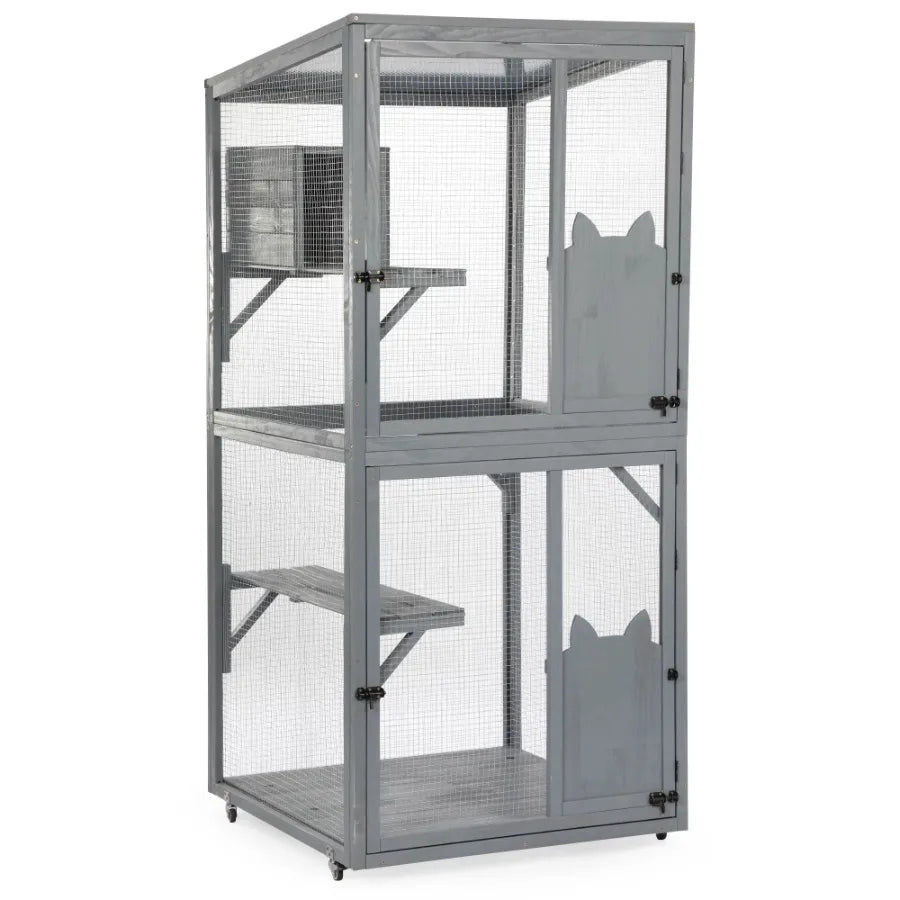 Outdoor Cat Catio on Wheels Cat Cage with Platforms and Condo Sunlight Roof Patio Cat Enclosure Gray