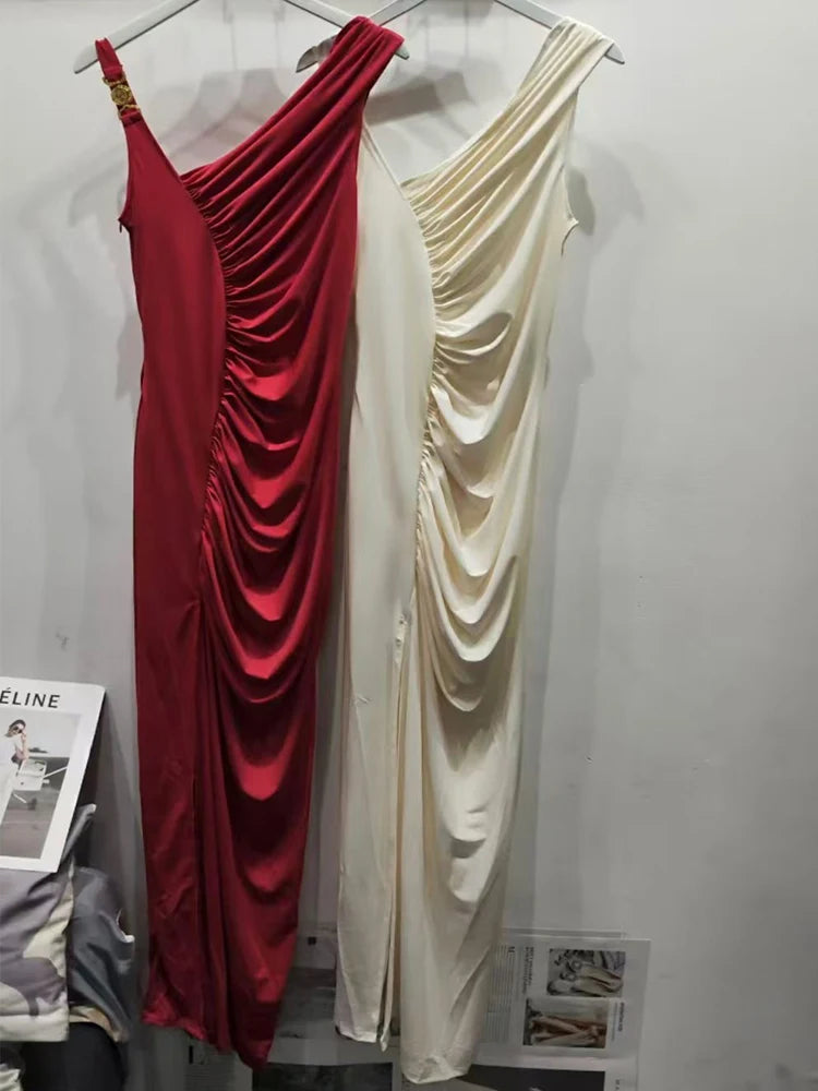 Ladies irregular pleated solid color slim high waist split temperament dress summer new metal buckle long skirt with suspenders.