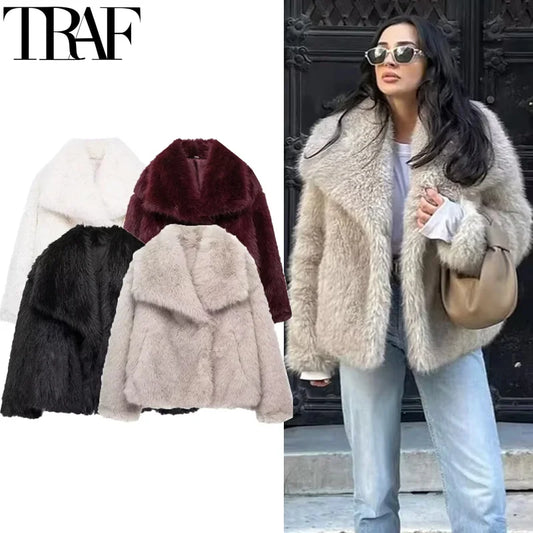 Woman Autumn Winter Faux Fur Coat Plush Fluffy Women's Jacket New in Outerwears White Red Gray Black Wool Blends Coats