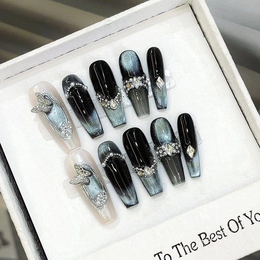 [Lanyao Xinghai] Premium Blue Cat's Eye Rhinestone Luxurious Heavy-Craftsmanship Niche New Design Long Press-On Nails