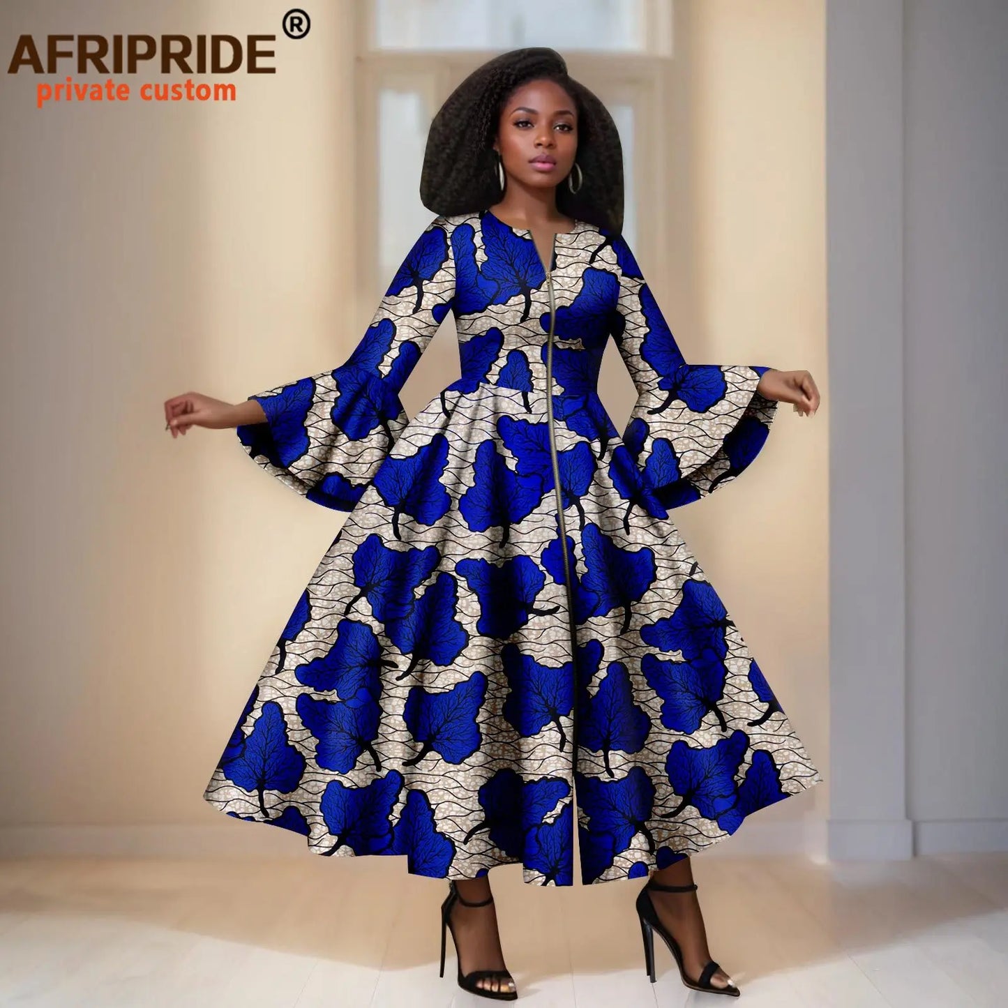 African Print Dresses for Women Flare Sleeve Elegant Zip Maxi Dress Party Attire for Lady Dashiki Long Dress