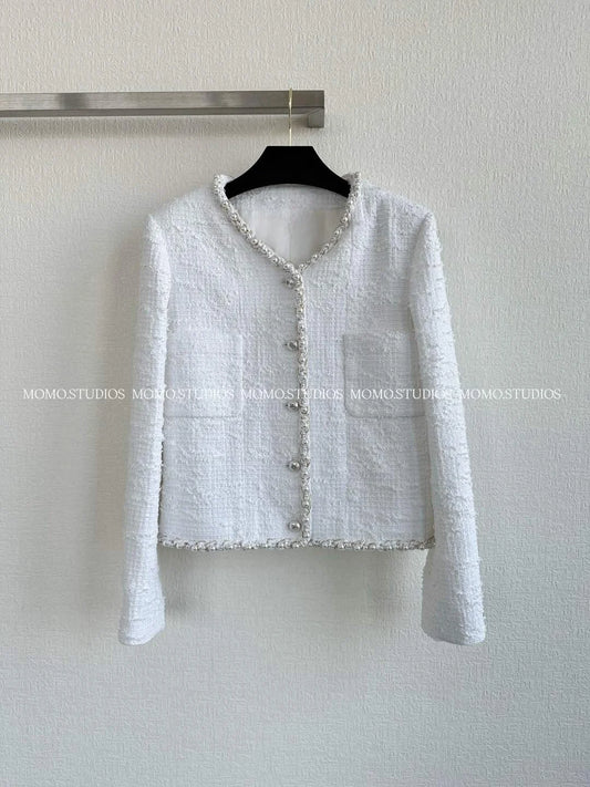 Women's new jacket with coarse woolen pearl border decoration and customized buttons