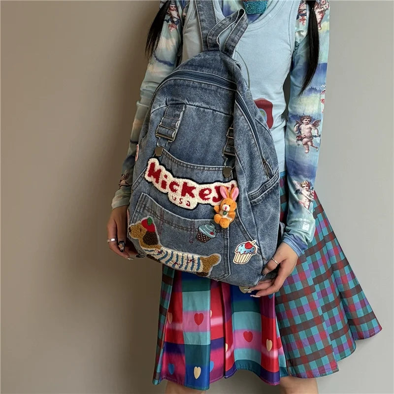 European/American Fashion Original Personalized Backpack Embroidered Cartoon Pattern Splicing Contrasting Color Travel Backpack  bag