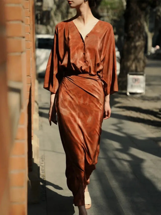 Women's Retro Slim Dress Tie Dye Printed V-Neck Single-Breasted Button Hip Tie Long Dress Ankle-Length Robe