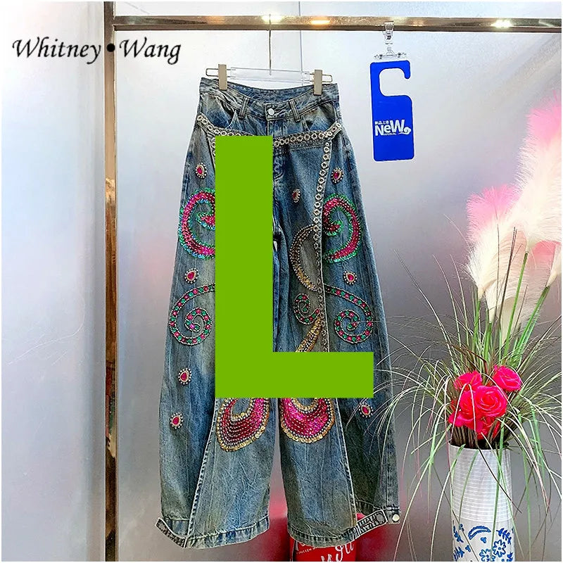 WHITNEY WANG Designer Style  Autumn Winter Fashion Streetwear Sequins Diamonds Wide Leg  Jeans Women Denim Pant Size S-5XL